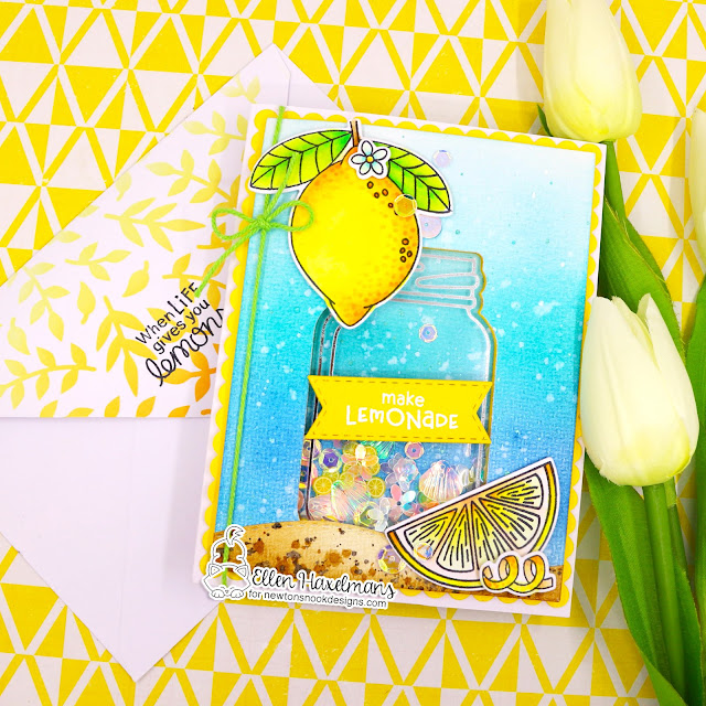 Make Lemonade Card by Ellen Haxelmans | Lemon Twist Stamp Set, Jar Hot Foil Plates & Die Set, Trailing Leaves Stencil, and various shape die sets by Newton's Nook Designs #newtonsnook #handmade
