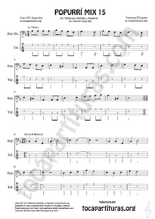 Tablatura y Partitura de Bajo Eléctrico Popurrí 15 La Tarara, De los 4 Muleros y Con el Vito Tablature Sheet Music for Electric Bass Music Score Tabs