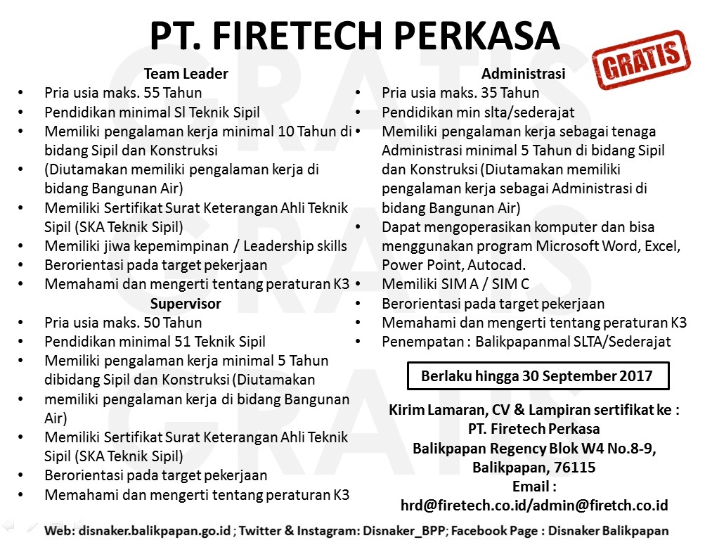 Lowongan Kerja Kota Balikpapan: Lowongan PT. FIRETECH PERKASA