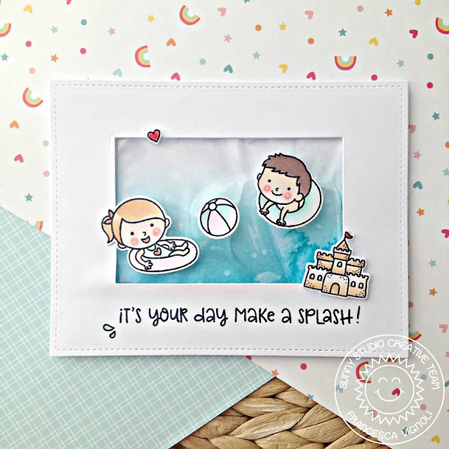 Sunny Studio Stamps: Beach Babies Water Splash Shaker Card by Franci Vignoli