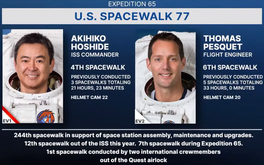 ISS Commander Akihiko Hoshide and Flight Engineer Thomas Pesquet perform US Spacewalk 77 on 12 September 2021. NASA/JPL, 2021.