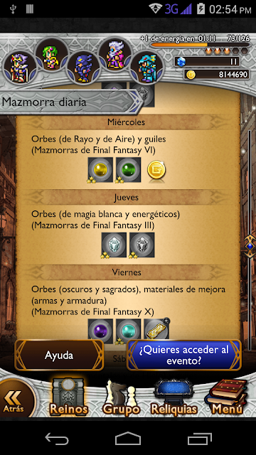 mazmorras diarias Miercoles jueves  viernes ffrk