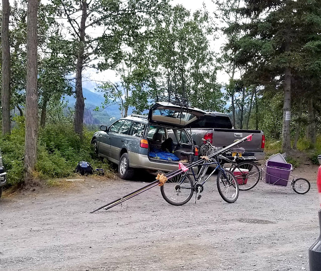 Bike to Fish. Riding bikes for 8 miles to Haley Creek with all the fishing gear