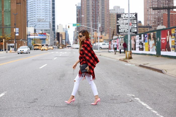 Madewell buffalo check cape scarf, asos ripped jeans, chanel classic flap bag, hermes bracelet, chanel earrings, chanel brooch, white sweater, christian louboutin so kate pink pumps, nyc blogger, fall essential, how to, singles day sale, prada retro sunglasses