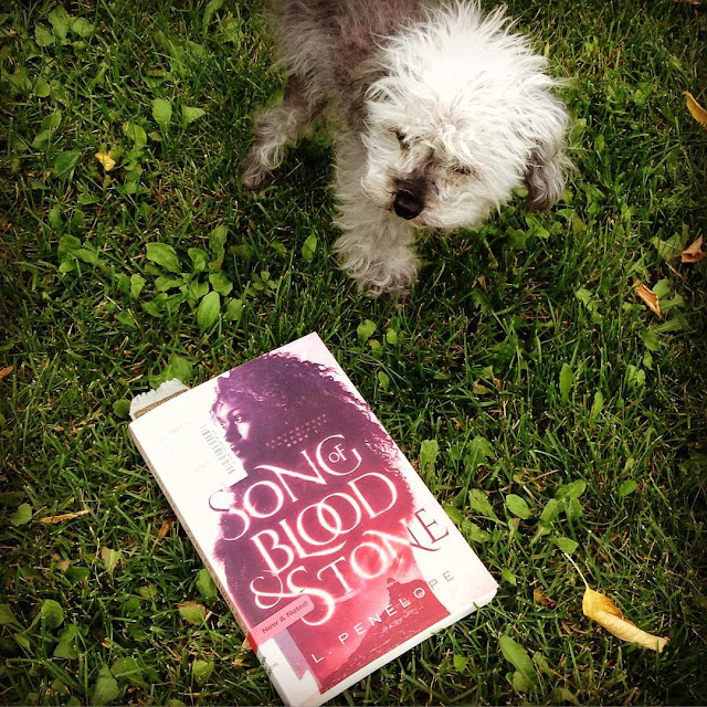 Murchie stands on a very green patch of grass, slightly behind a trade paperback copy of Song of Blood & Stone. Its pink cover features a young black woman whose silhouette encases a gleaming city with a tower at its heart.