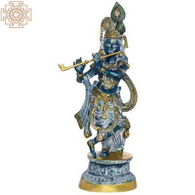 Lord Krishna Brass Statue Playing Flute