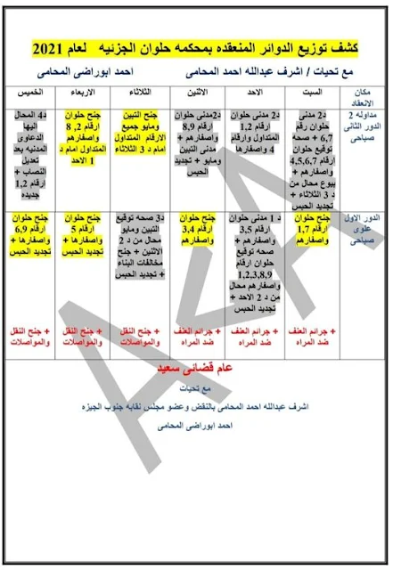 كشف توزيع  العمل بحكمة حلوان  الجزئية لعام2021