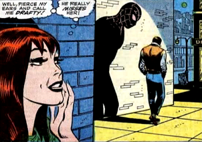 Amazing Spider-Man #62, don heck and john romita, mary jane watches as peter parker walks off down the street. for the first time she realises that peter really cars for gwen stacy