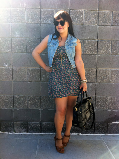 Floral dress and denim vest - Daily Outfit