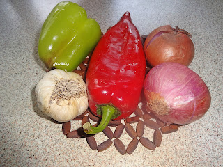 different vegetables, onions red and green peppers, garlic