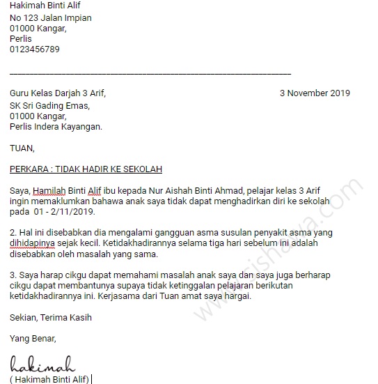 Contoh Surat Rasmi Cuti Sekolah Sebab Masalah Keluarga