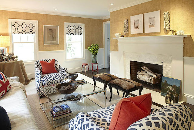 warm living room with graphic navy print
