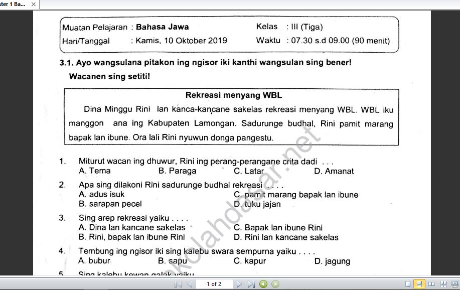 Soal Ulangan Tengah Semester 1 Bahasa Jawa Kelas 3 K 13 Sekolahdasar Net