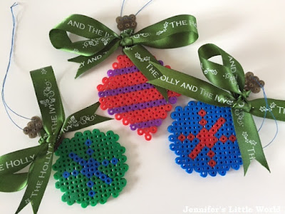 Hama bead and ribbon Christmas baubles