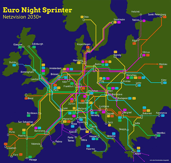 Map of proposed Europe-wide night train network