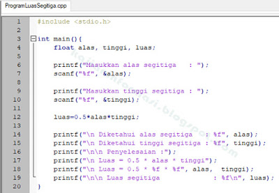 Gambar Source Code Program Menghitung Luas Segitiga pada C++ menggunakan stdio
