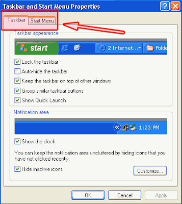 start menu and taskbar properties