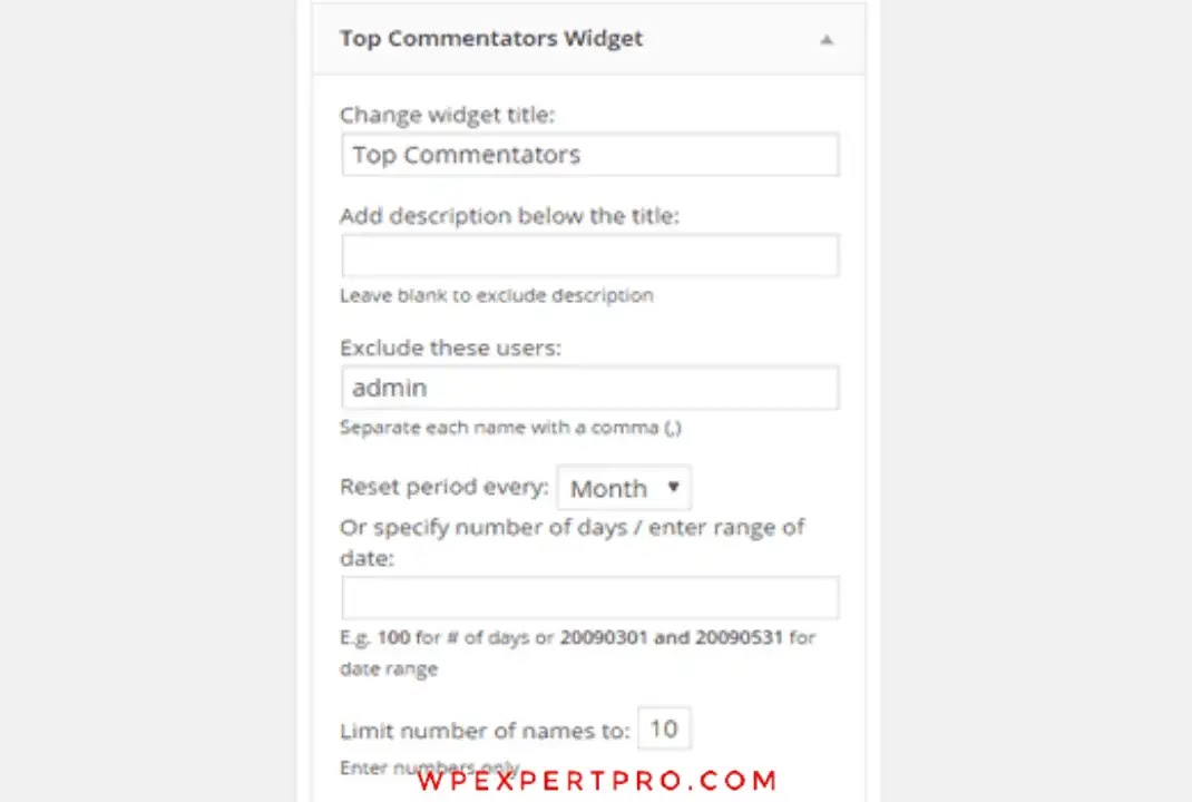 Widget settings for top commenters