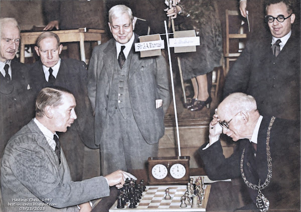 Gerald Abrahams watching the opening at the 1947 Hastings Chess Congress 1947.