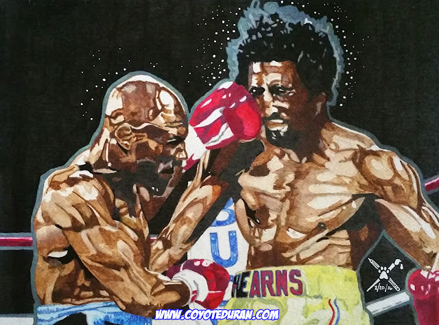 Marvelous Marvin Hagler vs. Thomas "Hitman" Hearns, 10" X 13", watercolor paint and ink on cold press paper by Coyote Duran, boxing art