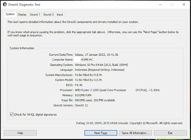 Cek Spesifikasi PC atau Laptop Windows 10 Melalui DirectX Diagnostic Tool