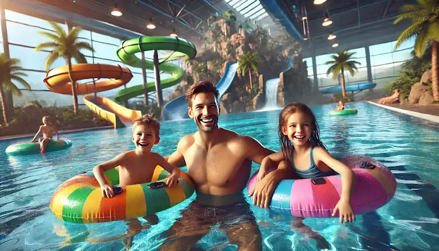 A realistic image of a dad and his two kids enjoying a pool on colorful floating rings at Aquaworld in Budapest. The dad, wearing swim trunks, and the children smile and laugh naturally, surrounded by a tropical-themed environment with water slides, palm trees, and bright reflections on the water. The scene captures a joyful family bonding moment in a vibrant, playful atmosphere.