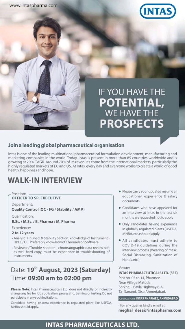 Intas Pharmaceuticals | Walk-in interview for Quality Control on 19th Aug 2023