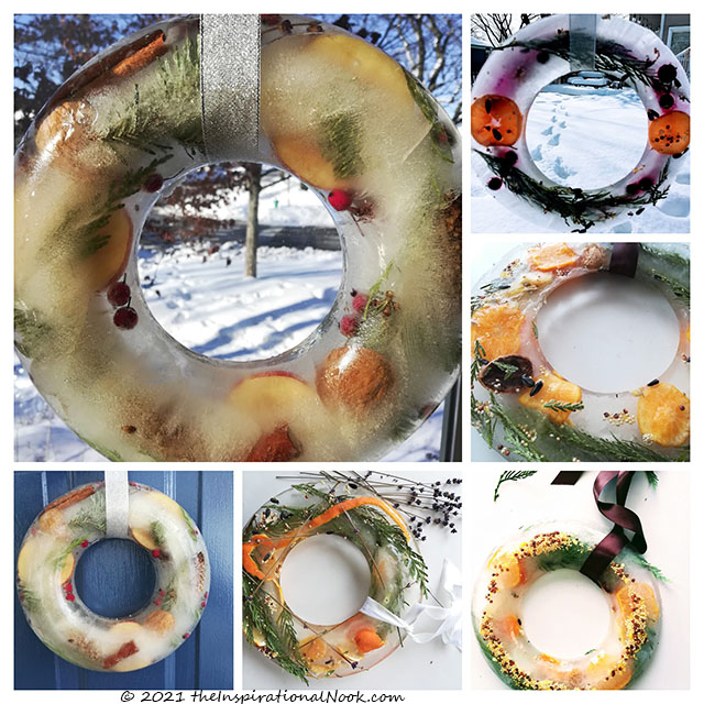 Natural, winter ice wreath, Christmas ice wreath with frozen fruits and evergreens