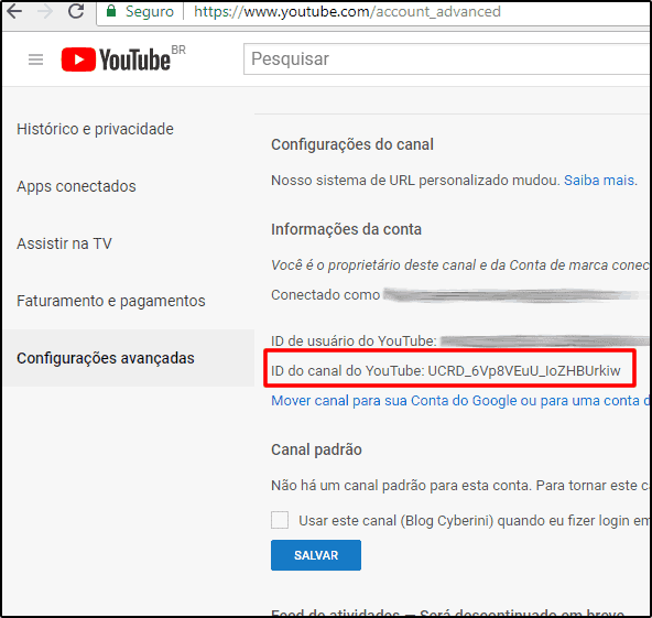 ID do canal no menu de configurações avançadas do YouTube