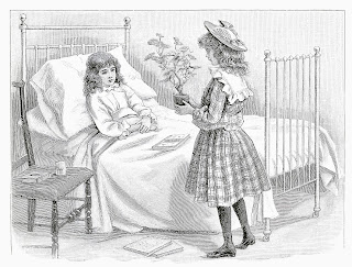 [image Description] Line drawing of two girls. One in bed wearing a nightgown. The other fully dressed in Edwardian or Victorian dress with black ankle high boots offering a small plant as a gift.