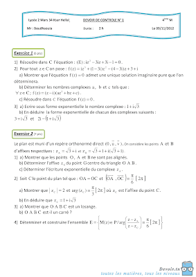 devoir de contrôle 1 mathématiques bac Math