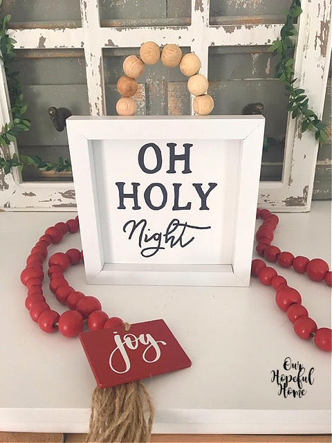 Oh Holy Night white framed farmhouse art red wood farmhouse beads