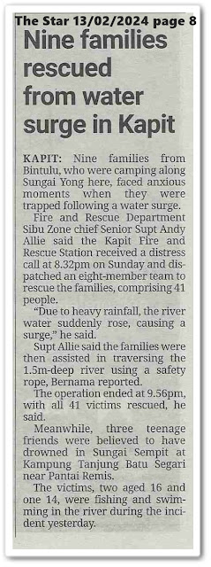 Nine families rescued from water surge in Kapit | Keratan akhbar The Star 13 February 2024