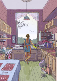 urbaniak ilustracje illustration kobieta dziewczyna w kuchni sprzątanie gotowanie urbaniak ilusrtracja woman in kitchen sad dreams clean dishes