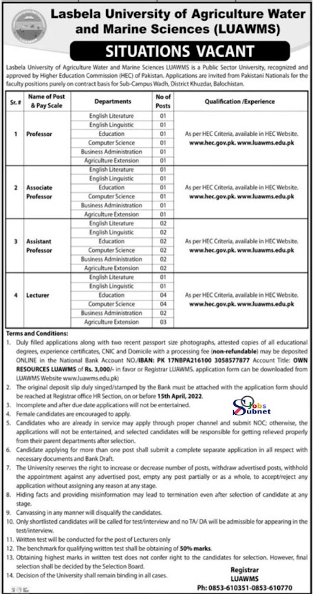 Today Jobs In Pakistan 2022 In Lasbela University of Agriculture Water And Marine Sciences