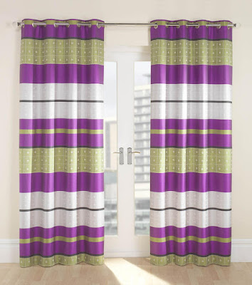 purple and green curtains with white