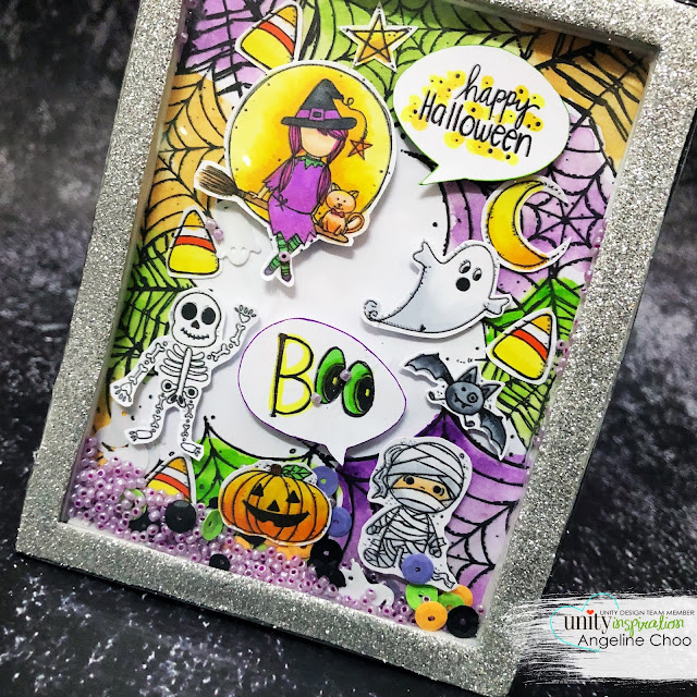 ScrappyScrappy: Unity Stamp August Cuties - Entanglement & Little Boos #scrappyscrappy #unitystampco #card #cardmaking #stamp #papercraft #youtube #quicktipvideo #janedavenport #borderbackgroundstamp #shakercard #shadowbox #katscrappiness #prettypinkposh #sequins #halloweencard #halloweendecor #halloween #littleboos #entanglement #watercolor #silverglitterfoam