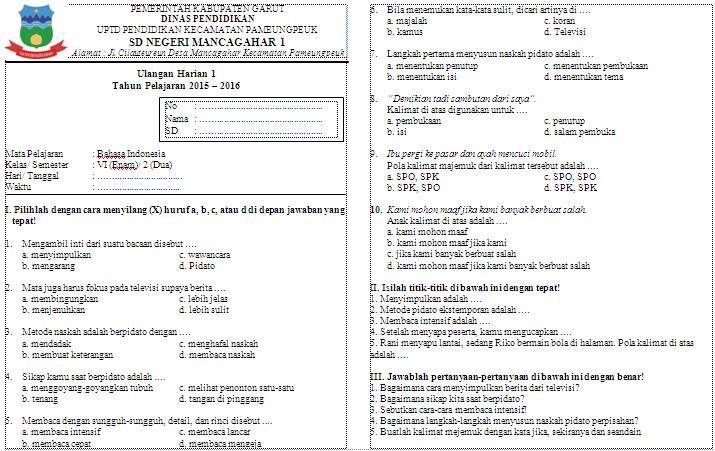 Download Soal Ulangan Harian (UH) Bahasa Indonesia Kelas 6 Semester 2