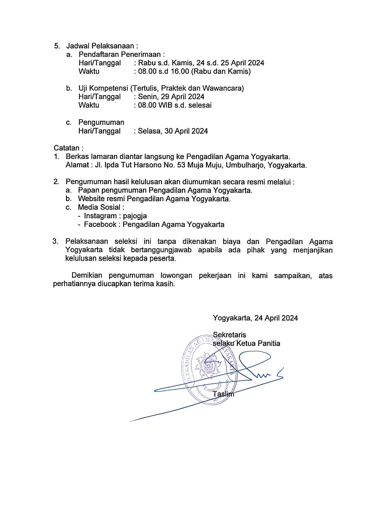 Penerimaan Pegawai Pengadilan Agama Yogyakarta Tahun 2024 (Minimal Lulusan SLTA atau sederajat)