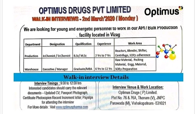 Optimus | Walk-in for Production-WH at Hyderabad on 2 Mar 2020 