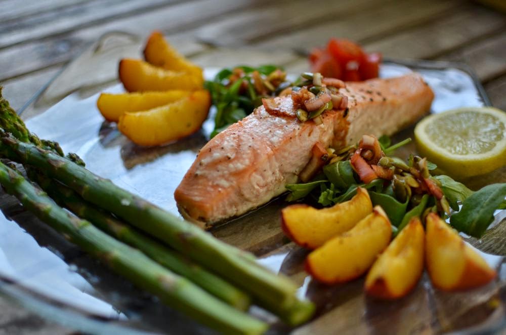 Recipe of Roasted salmon, asparagus, peaches, and nectarines