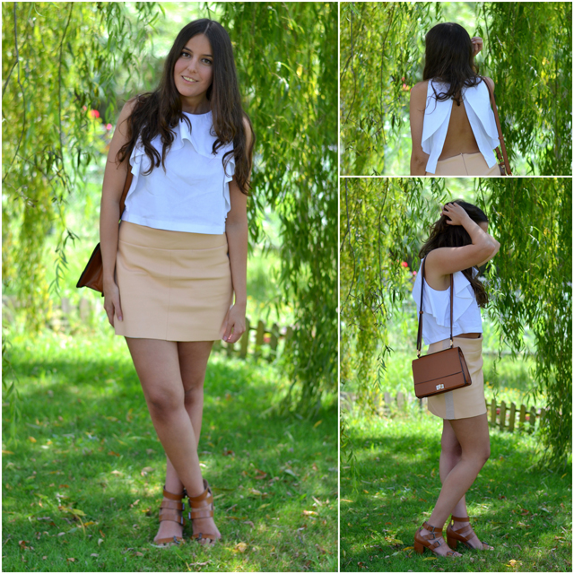 backless, white top, leatherette skirt, zara, camel sandas bag, parfois