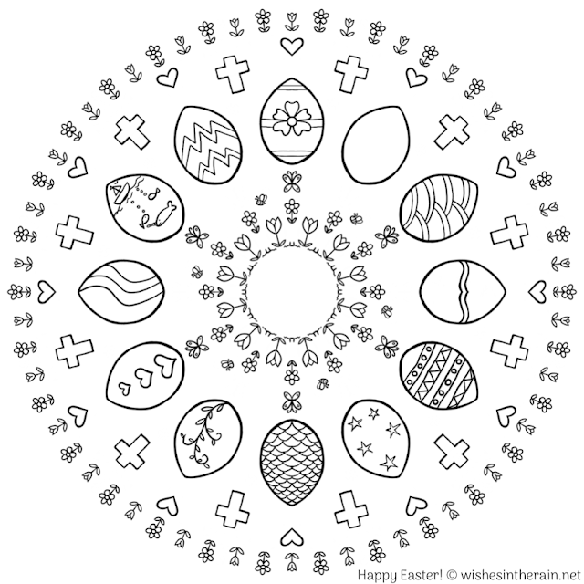 Happy Easter colouring page with eggs, crosses, flowers, hearts, butterflies and bees