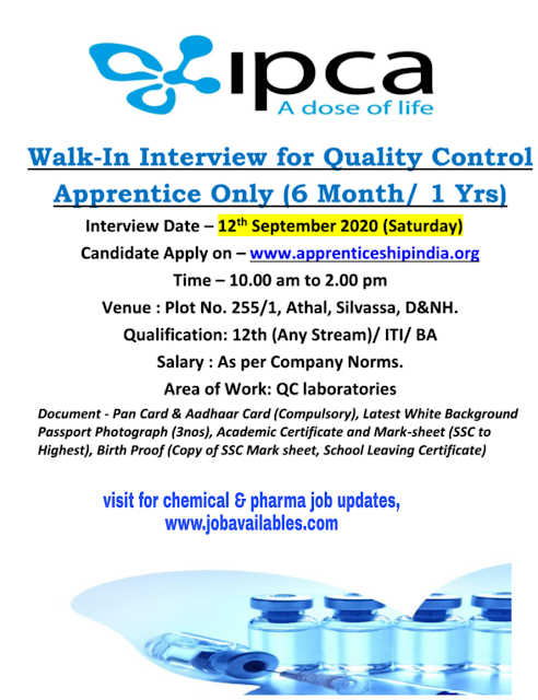 Job Availables, Ipca Laboratories Interview For Quality Control Apprentice On 12th Sep 2020