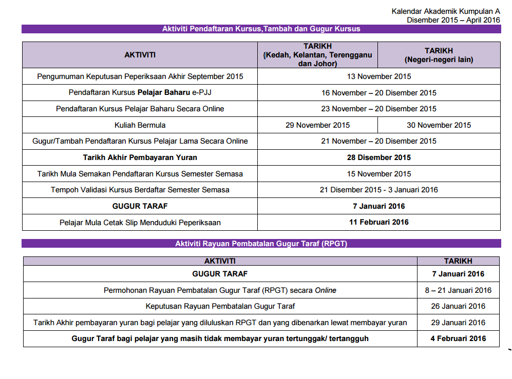 JADUAL KALENDAR AKADEMIK UiTM 2016