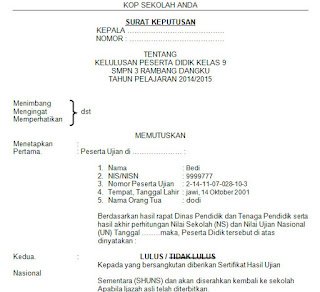 Contoh Format Surat Keterangan Lulus SD Tahun Pelajaran 2015