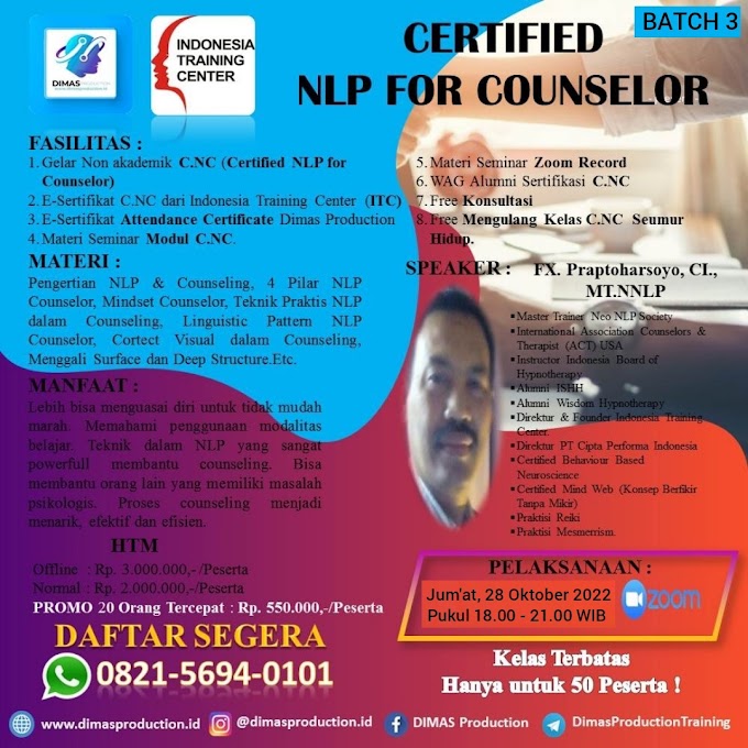 WA.0821-5694-0101 | Certified NLP For Counselor (C.NC) 28 Oktober 2022