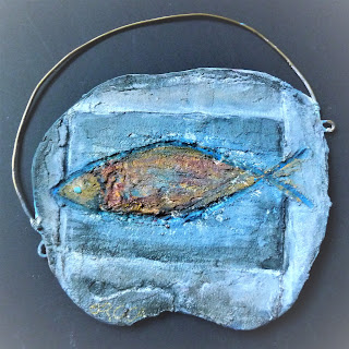 fish wall relief blue clay and metal