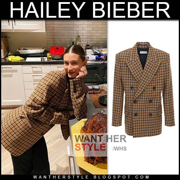 Hailey Bieber in brown check blazer