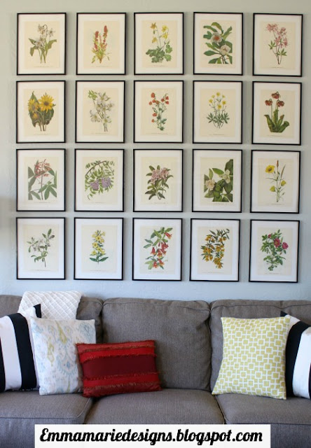 20 pretty botanical prints from a botanical book framed and hung in a statement making way over the sofa @ emmamariedesigns.blogspot.com